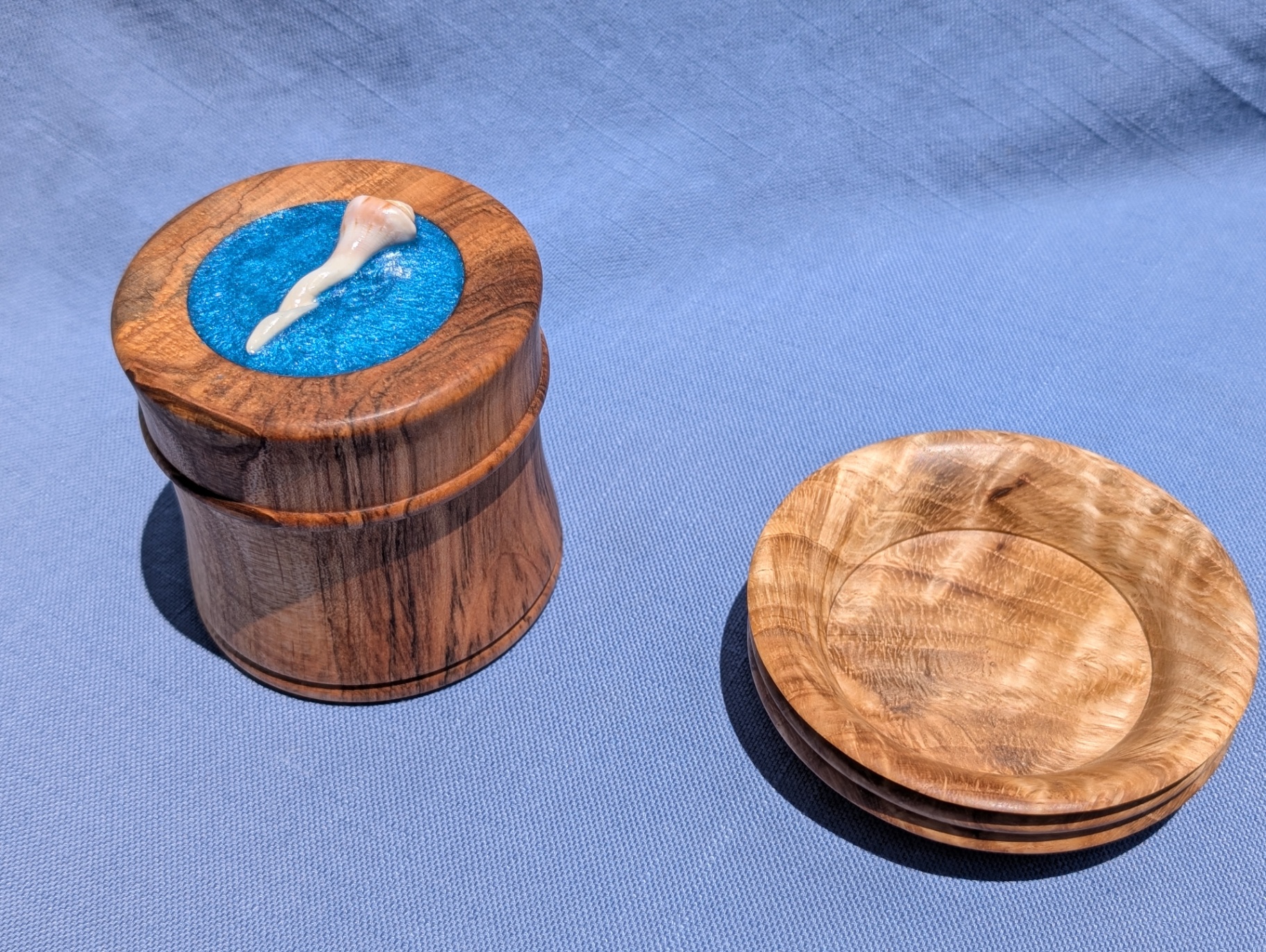 Stack of three figured curly maple ring trays